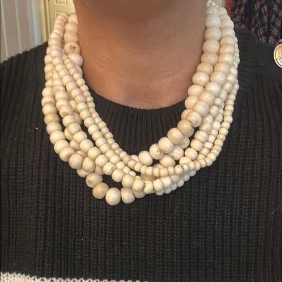 Vtg Monies Gerda Lynggaard Statement Cream Beaded Necklace 5 Strand Carved Hook - Picture 1 of 5